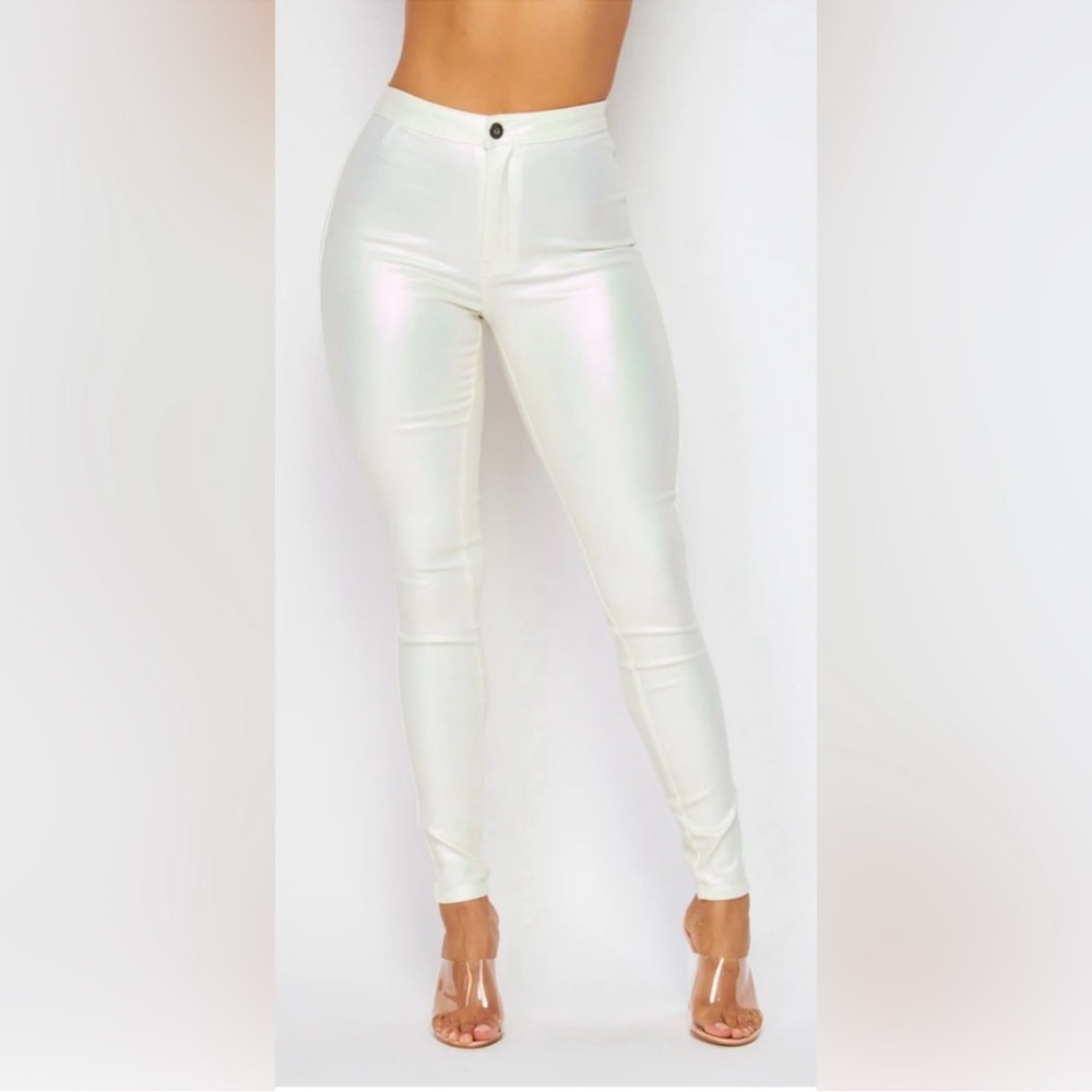 Shiny Cream High-Waisted Pants